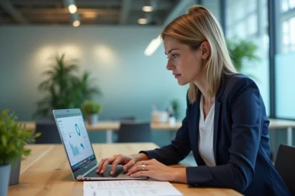 Responsable RH d'une PME consultant un portail salarié en ligne sur son ordinateur portable dans un bureau moderne
