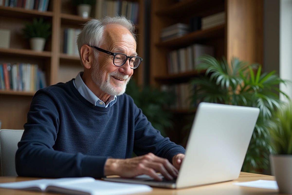 Homme retraité dans son bureau moderne utilisant son ordinateur