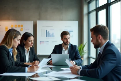 Équipe de startups tech réunie autour d'une table de réunion pour discuter d'une acquisition et fusion d'entreprises