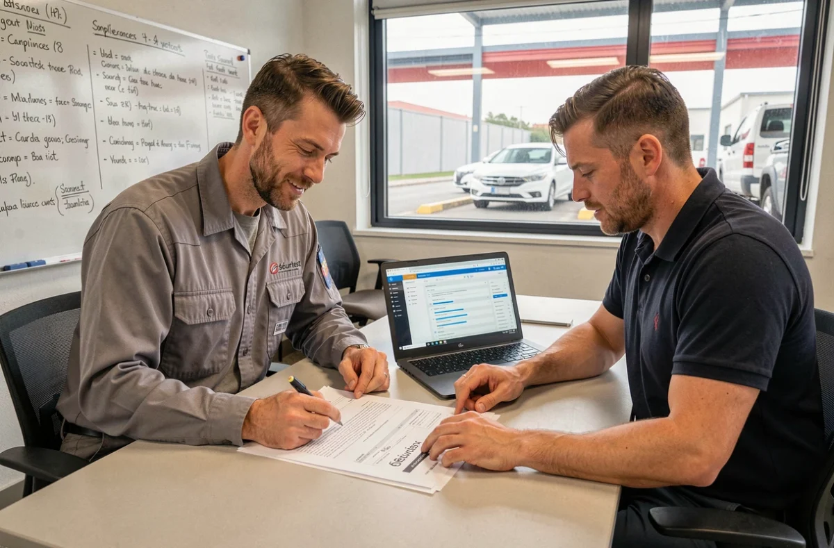 Deux professionnels de l'automobile analysant des rapports affiliés Sécuritest lors d'une réunion dans un centre de contrôle technique