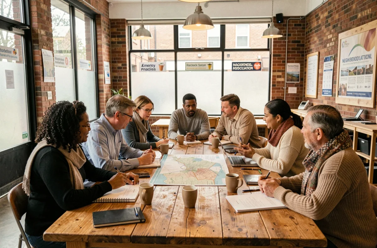 Réunion d'une business improvement association dans un espace collaboratif aménagé au sein d'un quartier en transformation urbaine