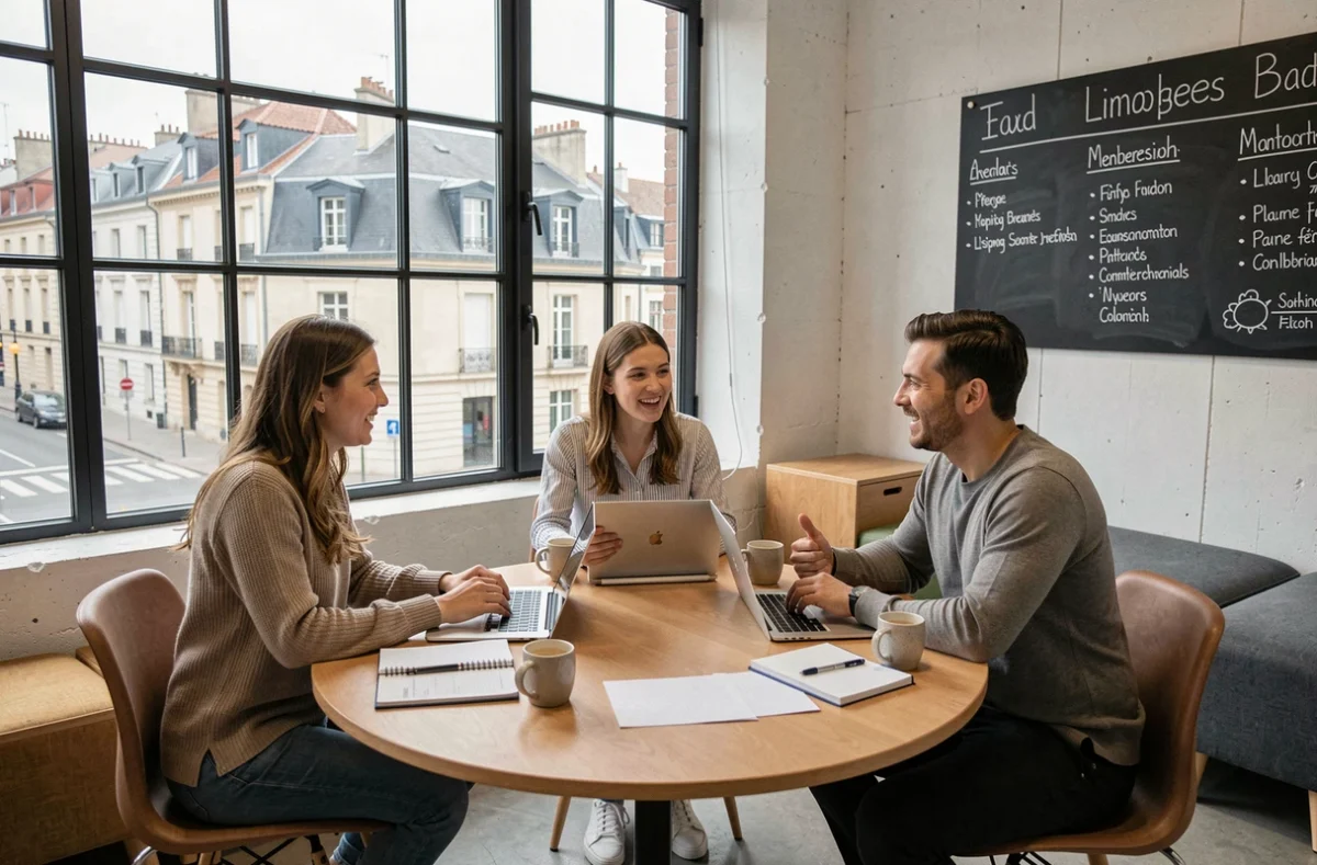 Groupe de professionnels en réunion collaborative dans un espace de coworking à Limoges avec vue sur la ville