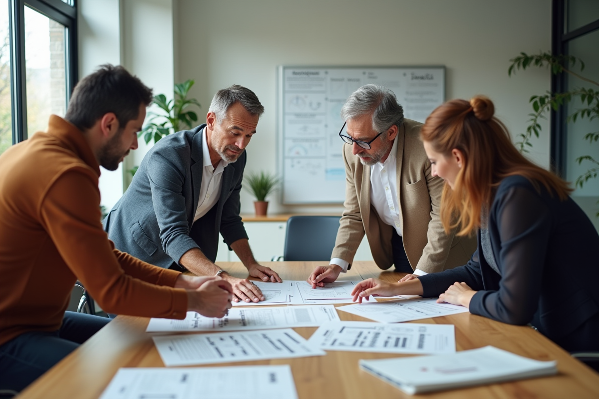 Groupe diversifié de collègues analysant des documents