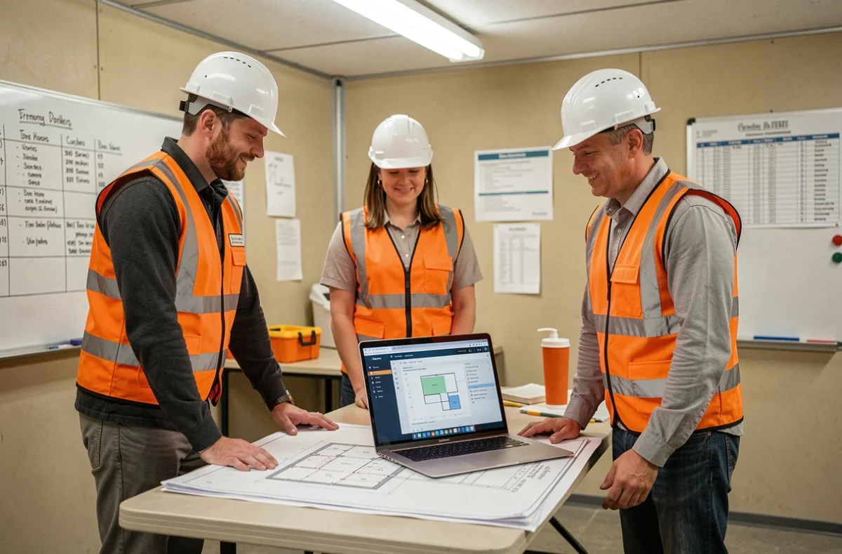 Équipe de maîtrise d'œuvre BTP réunie autour d'un logiciel de gestion de chantier pour coordonner sous-traitants et co-traitants