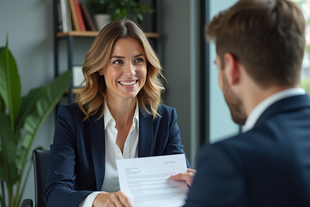 Femme confiante en blazer navy remet une lettre à un jeune homme