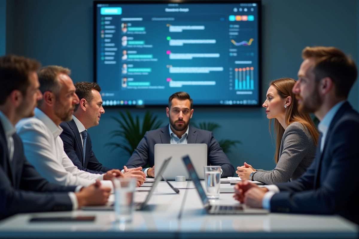 Groupe de professionnels lors d une réunion avec un tableau de bord SMS