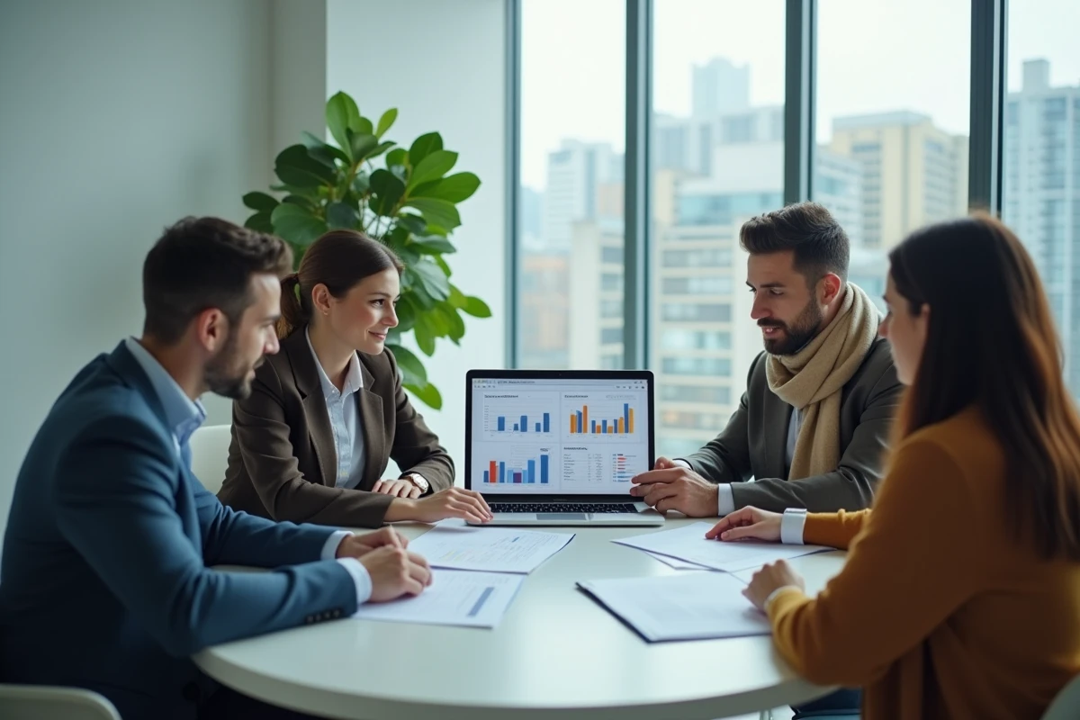 Équipe de professionnels analysant une stratégie de networking B2B autour d'une table de réunion avec documents et ordinateur portable