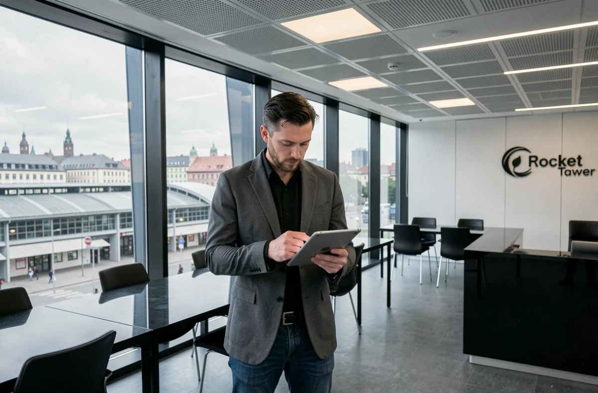 Rocket Tower coworking dans le quartier de la Gare à Strasbourg, professionnel travaillant dans un espace design avec vue sur la ville