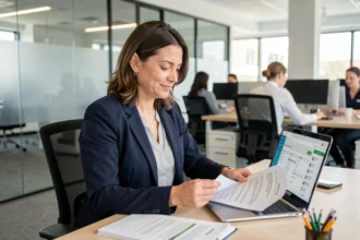 Salariée consultant les avantages du CSE Dassault sur son portail employé au bureau
