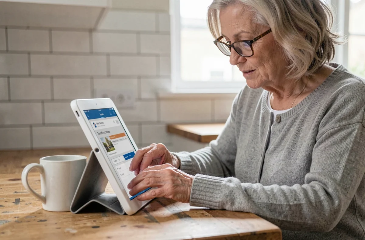 Femme senior consultant le portail La Poste sur une tablette dans sa cuisine