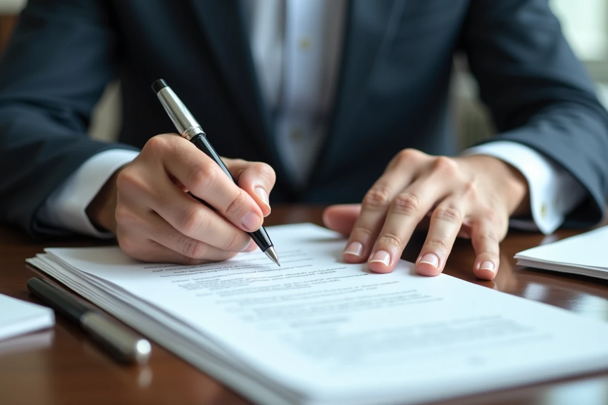 Signature d'un contrat de cession de commerce avec documents juridiques et fiscaux sur table de conférence
