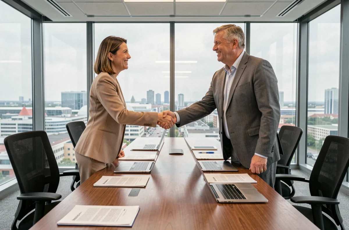 Poignée de main entre un freelance et un responsable d'une société de portage salarial au Mans lors de la signature d'un contrat