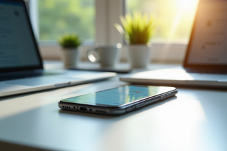 Smartphone moderne avec notifications SMS sur un bureau lumineux