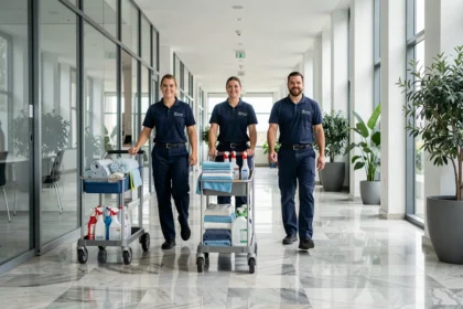 Équipe de nettoyage professionnelle en uniforme traversant le hall d'un immeuble de bureaux moderne en Seine-et-Marne
