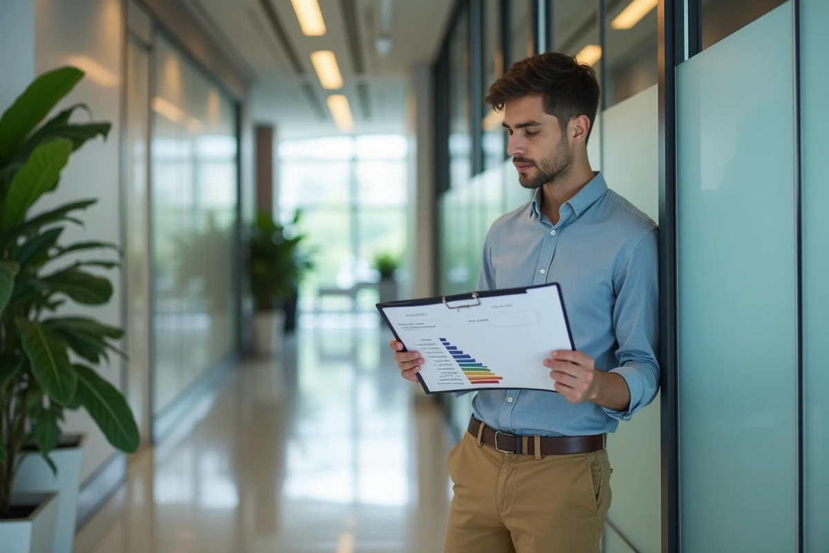 Stagiaire masculin consultant le barème de rémunération de stage dans les couloirs d'une entreprise moderne