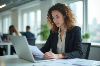 Jeune stagiaire en entreprise consultant des documents sur la rémunération de stage 2026 à son bureau