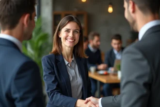 Deux professionnels échangent une poignée de main lors d'un événement de networking B2B dans un espace de coworking moderne en 2026