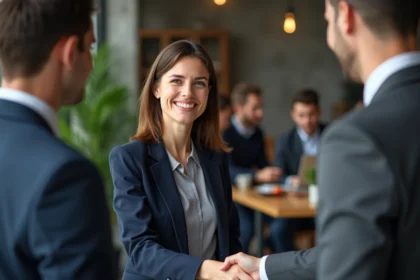 Deux professionnels échangent une poignée de main lors d'un événement de networking B2B dans un espace de coworking moderne en 2026