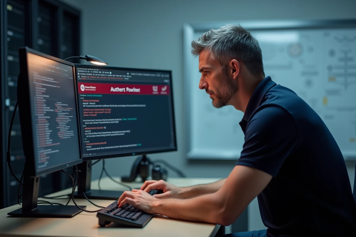 Technicien informatique résolvant une erreur d'authentification sur un logiciel de gestion administrative