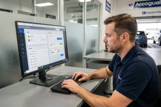 Technicien automobile utilisant l'espace affilié Sécuritest sur un ordinateur de bureau dans un centre de contrôle technique
