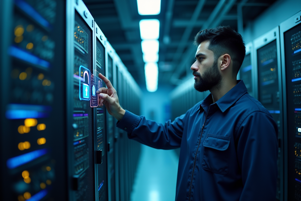 Technicien en centre de données inspectant les serveurs
