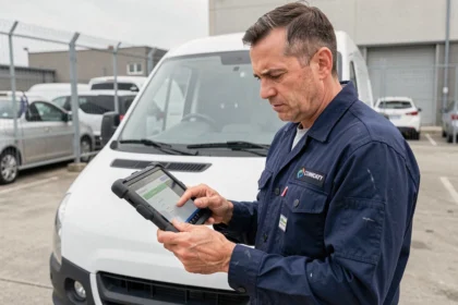 Technicien terrain connecté à un outil de gestion d'interventions sur tablette devant un véhicule de service