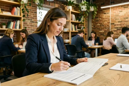 Femme d'affaires vérifiant un contrat de réservation dans un espace de coworking moderne avec bureau en bois et mur en briques
