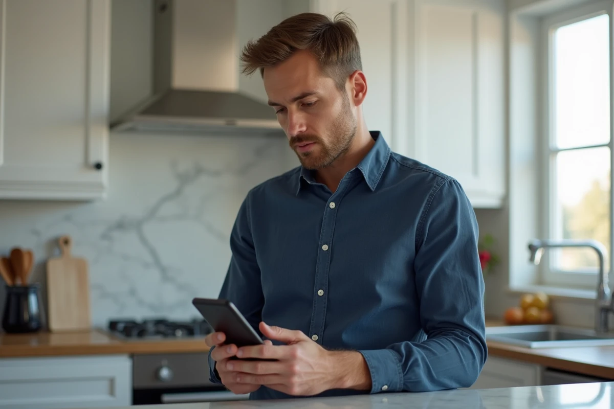 Homme consultant son application bancaire mobile pour comprendre un prélèvement imprimerie inconnu