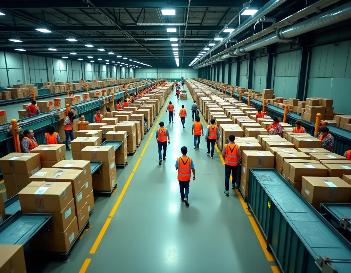 Vue aérienne d'un centre de distribution omnicanale avec postes d'emballage, convoyeurs et employés logistiques