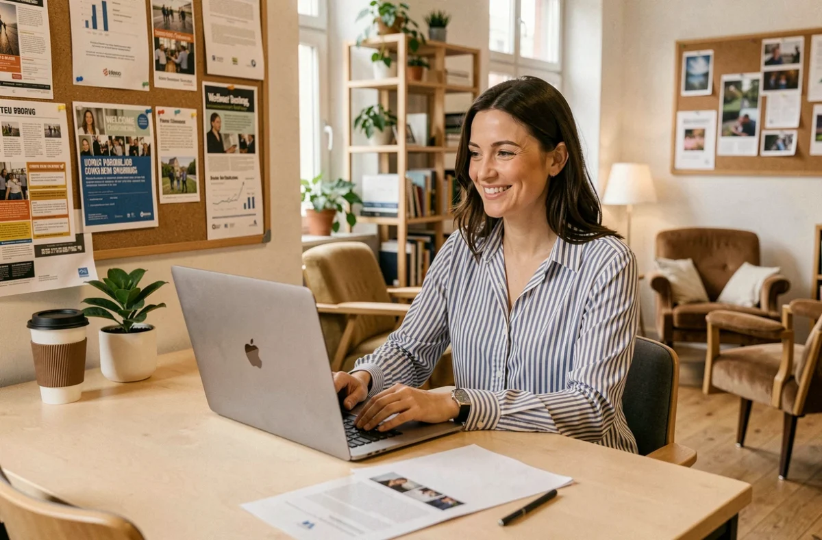 Welcome Coworking à la Meinau, Strasbourg, avec une professionnelle travaillant dans un espace partagé convivial au mobilier chaleureux